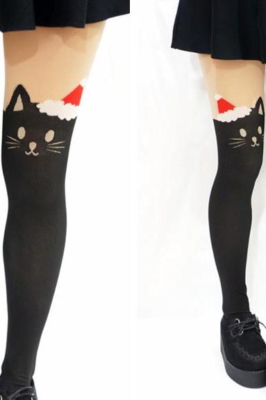 Christmas Hats Kitty Cat With Tail Tights